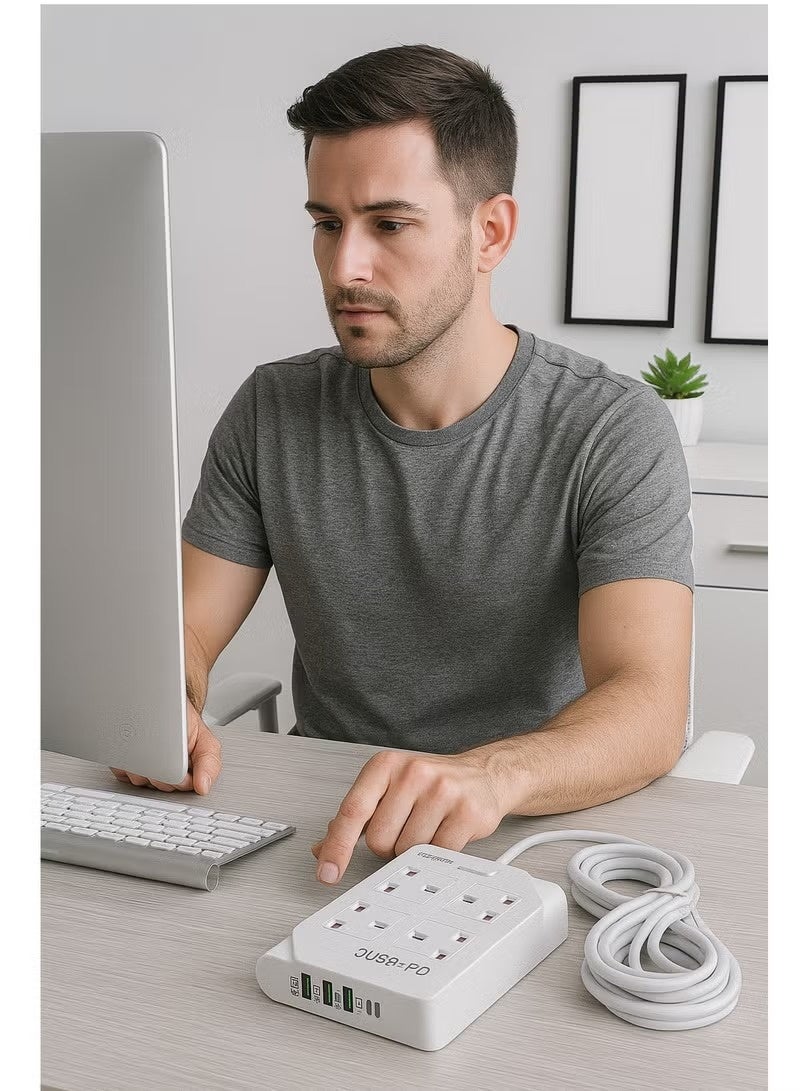 PowerMax Power Strip, Multi-function Power Socket, (3USB+PD) 4-Port Splitter with 3 USB Ports and 1 USB-C Port with Ultra-Fast PD Technology, Multi-Port Socket Suitable for All Devices, Extra Long 3 Meters MX52 - Image 3