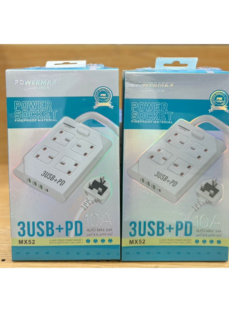 PowerMax Power Strip, Multi-function Power Socket, (3USB+PD) 4-Port Splitter with 3 USB Ports and 1 USB-C Port with Ultra-Fast PD Technology, Multi-Port Socket Suitable for All Devices, Extra Long 3 Meters MX52 - Image 2