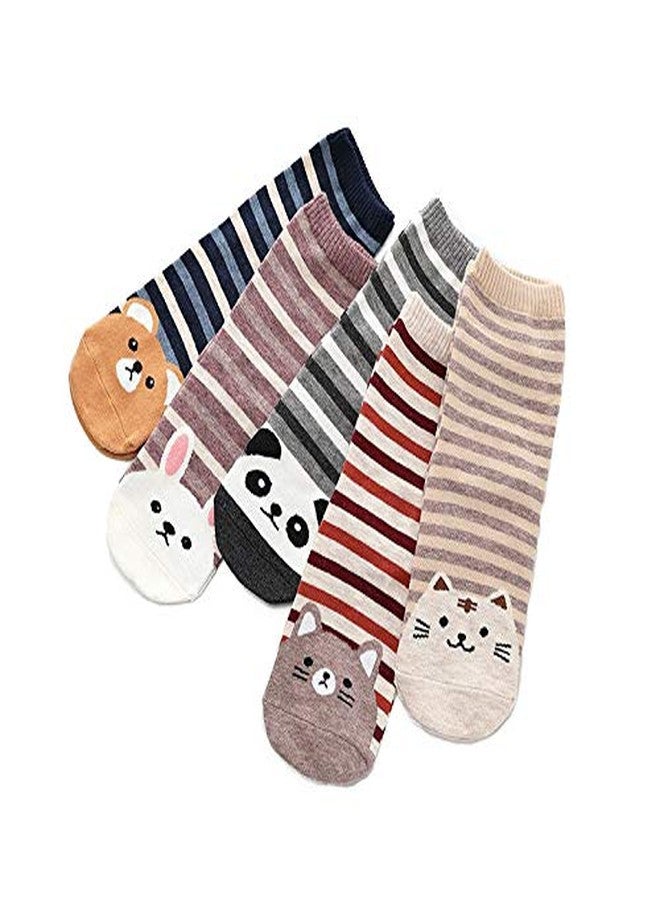 Missby ® Girl's Cute Animal Print Striped Cotton Socks (Multicolour, Free Size) - Pack of 5 Pairs - Image 1