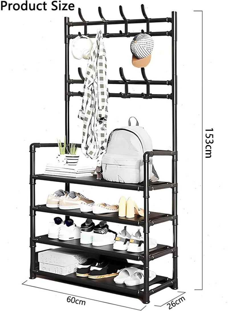 Topyich Shoe and Coat Shelf Unit, Entryway Shoe Rack and Clothes Hanging Rack, 4-Tier Shoe Bench with 8 Hanging Hooks, Storage Shelves, Multi-Functional Entryway Furniture Organizer (Black)  - Image 2
