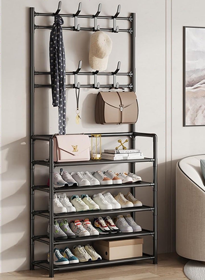 Topyich Shoe and Coat Shelf Unit, Entryway Shoe Rack and Clothes Hanging Rack, 4-Tier Shoe Bench with 8 Hanging Hooks, Storage Shelves, Multi-Functional Entryway Furniture Organizer (Black)  - Image 1