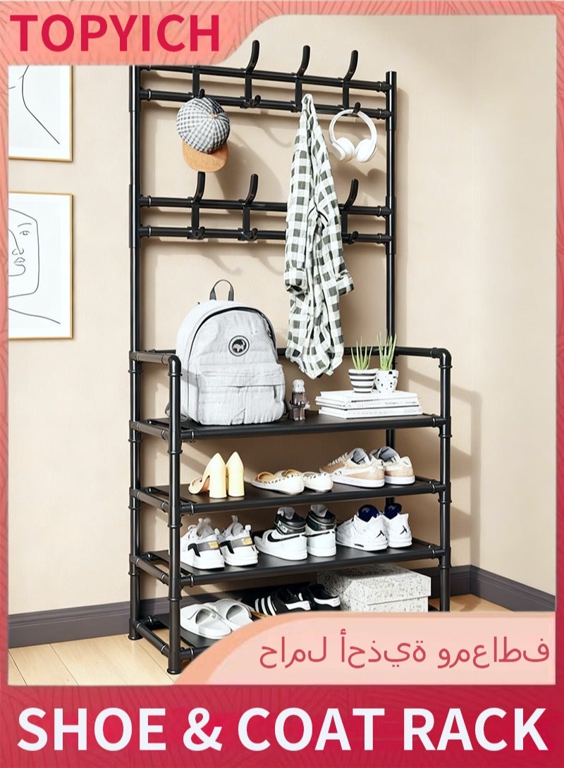 توبيتش خزانة احذية من 4 طبقات مع خطافات تعليق، خزائن أحذية، منظم خزانة أحذية قائم بذاته، رف أحذية موفر للمساحة للمدخل وغرفة المعيشة وغرفة النوم - Image 1