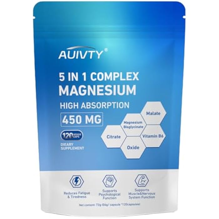 AUIVTY 5-in-1 Magnesium Complex 450 mg, High Absorption Magnesium Glycinate, Malate & Citrate with Vitamin B6, Muscle, Nerve & Relaxation Support, 120 Veggie Capsules - Image 1