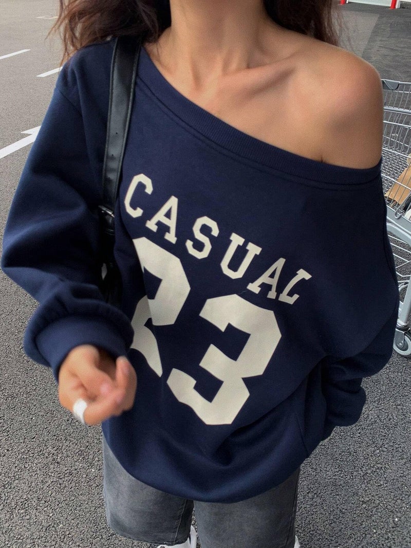 SXV STYLE Women's Off Shoulder Casual Sweatshirt, Navy Blue with White '33' Graphic Print (in, Alpha, XL, Navyblue) - Image 3