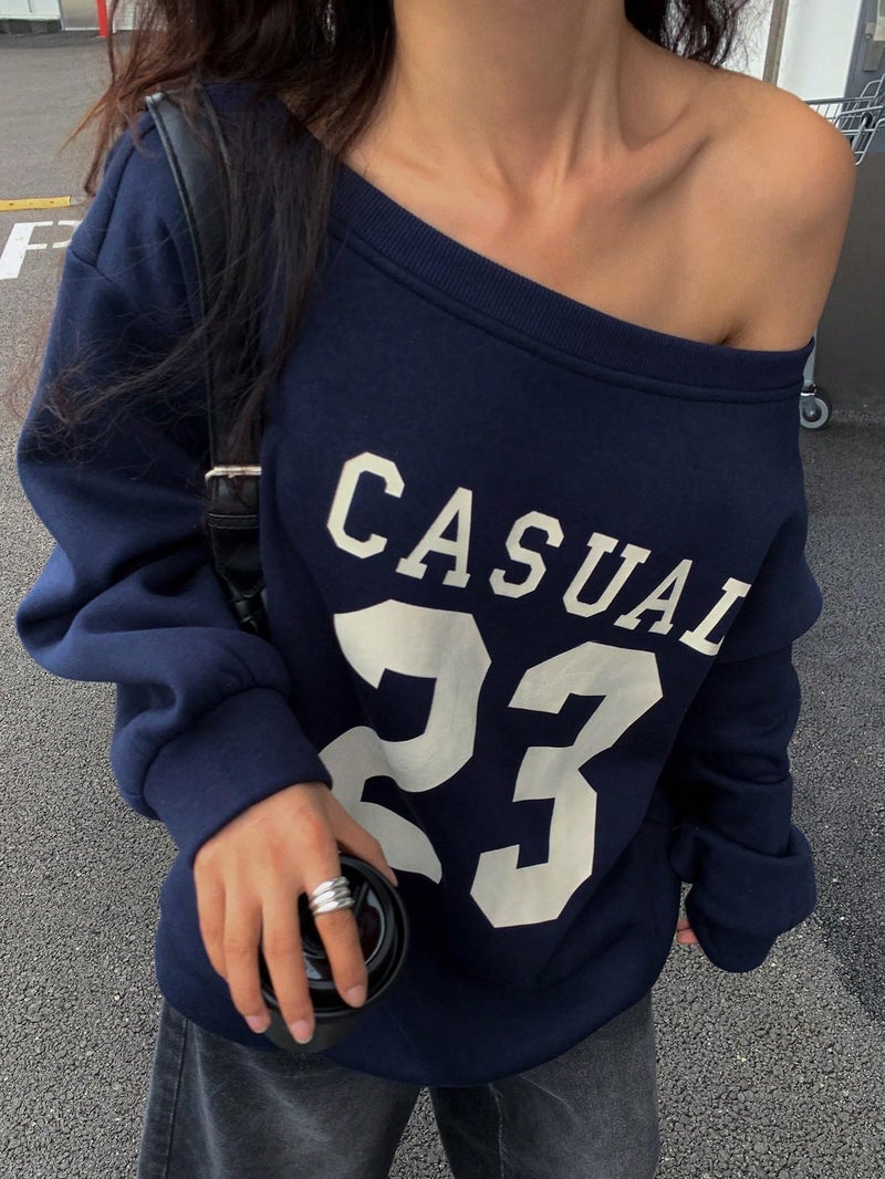 SXV STYLE Women's Off Shoulder Casual Sweatshirt, Navy Blue with White '33' Graphic Print (in, Alpha, XL, Navyblue) - Image 5