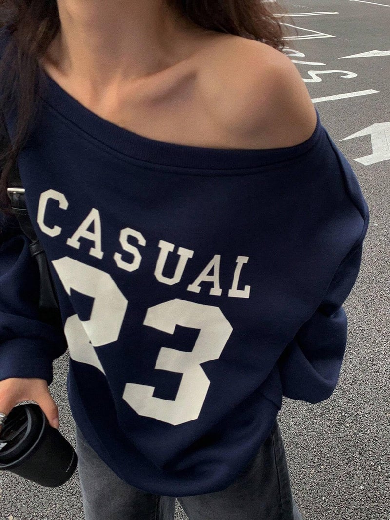 SXV STYLE Women's Off Shoulder Casual Sweatshirt, Navy Blue with White '33' Graphic Print (in, Alpha, XL, Navyblue) - Image 4
