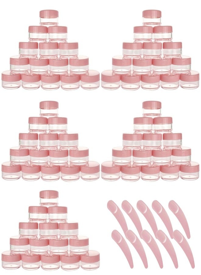 BTYMS Refillable Cosmetic Sample Jars - 100 Pack 10g (0.35oz) Pink Small Travel Containers with Lids + 10 Mini Makeup Spatulas - BPA Free - Image 1