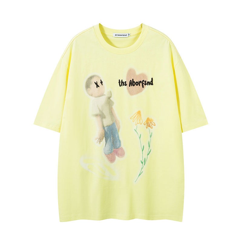 Couple T-Shirt With Retro Style, Loose Short Sleeves, American Hip-Hop Trendy Brand Cartoon Print Shirt For Men And Women, Lazy Style - Image 3