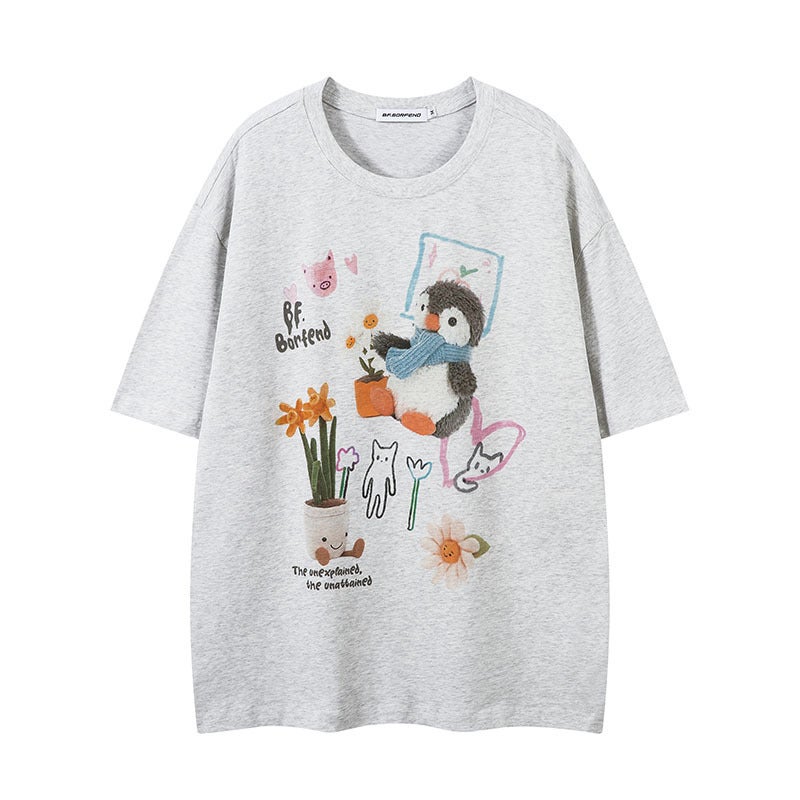 Couple T-Shirt With Retro Style, Loose Short Sleeves, American Hip-Hop Trendy Brand Cartoon Print Shirt For Men And Women, Lazy Style - Image 1