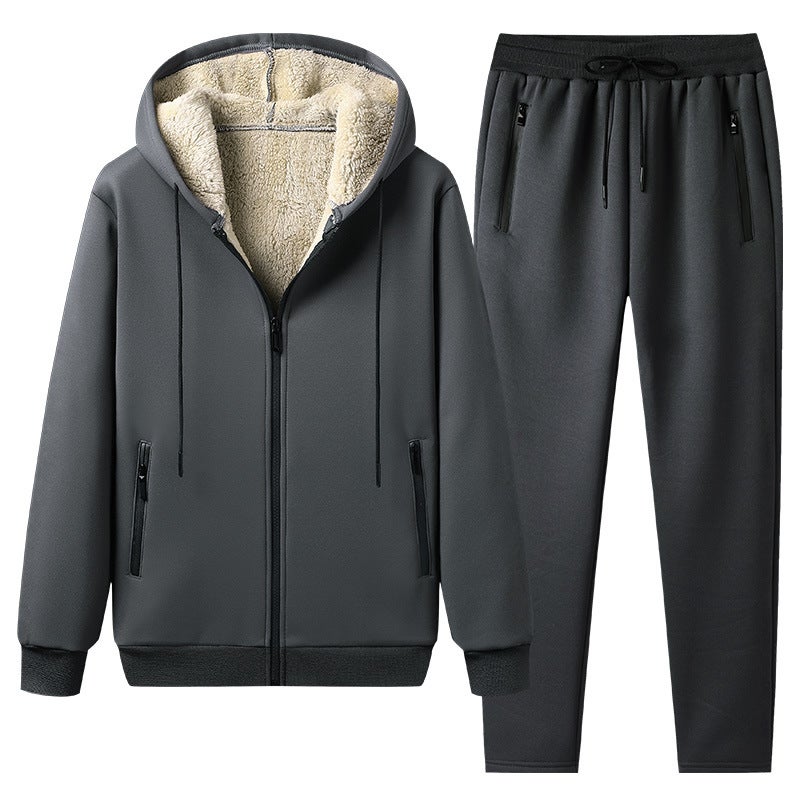 Cross-Border Sweatshirt Suit Large Size Winter Warm Hooded Casual Suit Mens Cashmere Sports Suit Black - Image 2