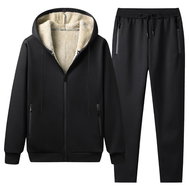 Cross-Border Sweatshirt Suit Large Size Winter Warm Hooded Casual Suit Mens Cashmere Sports Suit Black - Image 1