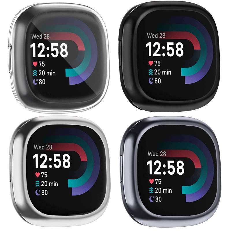 Tobfit [4 Pack] Screen Protector Case Compatible for Fitbit Sense 2 / Fitbit Versa 4, Slim Fit Full Protective Cover Shockproof Bumper Glossy Soft TPU Sense 2 Case Cover (Black+Graphite+Silver+Clear) - Image 1