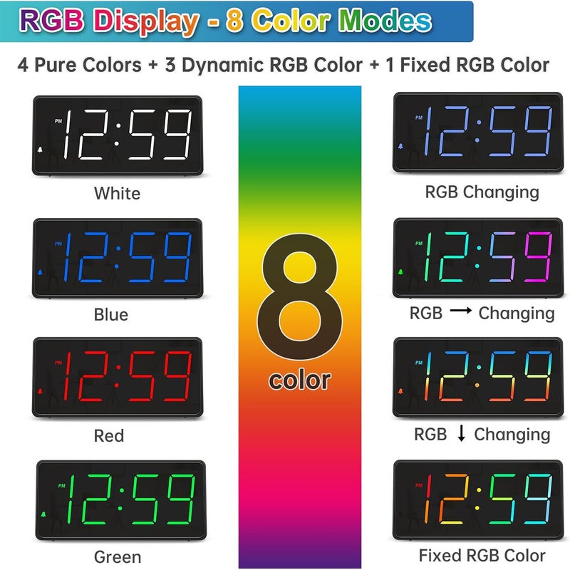 Peakeep Digital Alarm Clock for Bedroom Bedside, Extra Loud for Heavy Sleepers Adults, Large RGB Color Changing Colorful LED Big Numbers, Battery Backup Plug in Electric Clock with USB Charger - Image 2