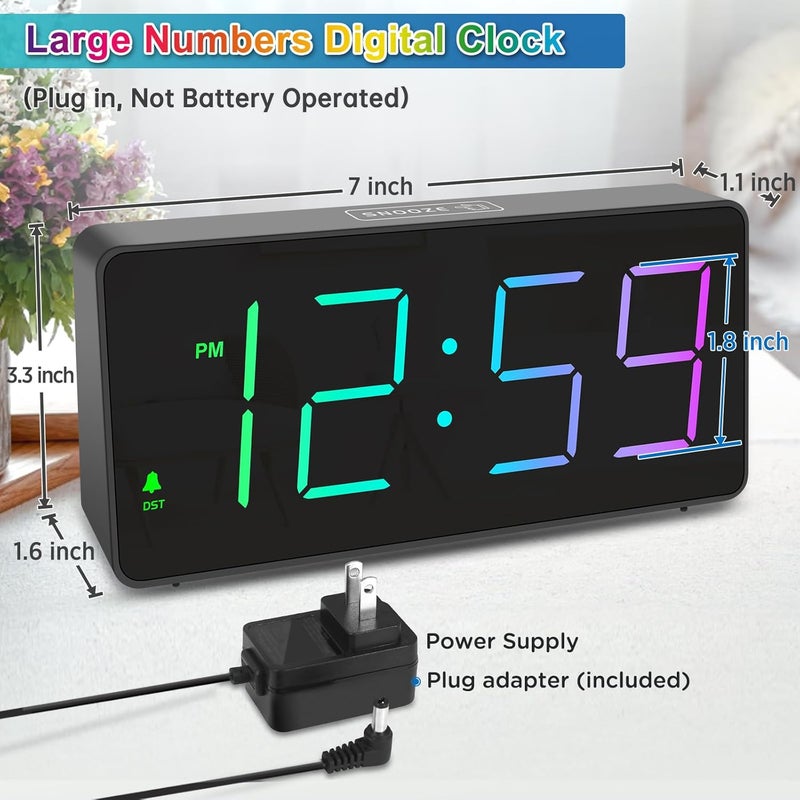 Peakeep Digital Alarm Clock for Bedroom Bedside, Extra Loud for Heavy Sleepers Adults, Large RGB Color Changing Colorful LED Big Numbers, Battery Backup Plug in Electric Clock with USB Charger - Image 3