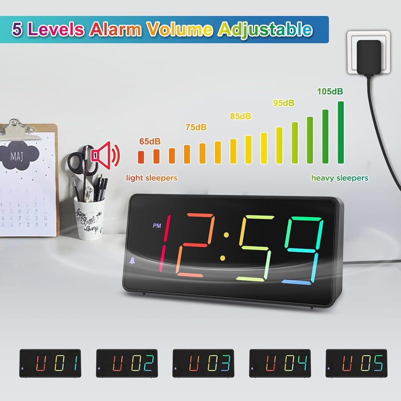 Peakeep Digital Alarm Clock for Bedroom Bedside, Extra Loud for Heavy Sleepers Adults, Large RGB Color Changing Colorful LED Big Numbers, Battery Backup Plug in Electric Clock with USB Charger - Image 5