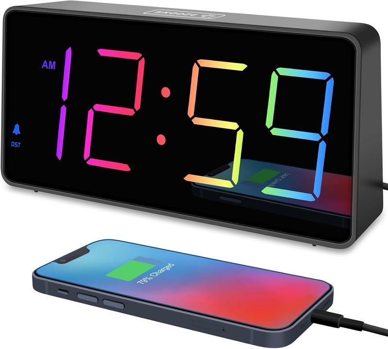 Peakeep Digital Alarm Clock for Bedroom Bedside, Extra Loud for Heavy Sleepers Adults, Large RGB Color Changing Colorful LED Big Numbers, Battery Backup Plug in Electric Clock with USB Charger - Image 1