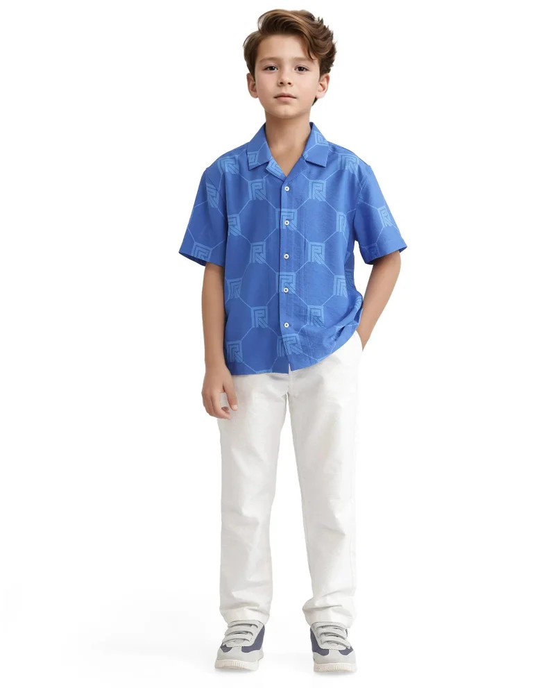 رير ونز Rare Ones Kids Rynk Blue Viscose Blend Half Sleeve Button Printed Regular Fit Shirt
