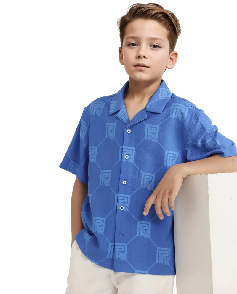 رير ونز Rare Ones Kids Rynk Blue Viscose Blend Half Sleeve Button Printed Regular Fit Shirt