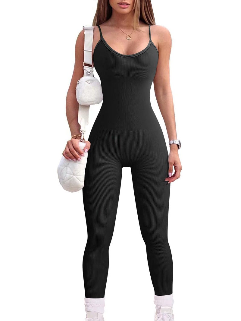 YIOIOIO Women Workout Seamless Jumpsuit Yoga Ribbed Bodycon One Piece Spaghetti Strap Leggings Romper - Image 1