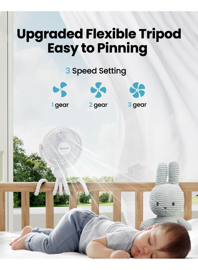 Mini Portable Stroller Fan, Battery Operated Small Clip on, Detachable 3 Speed Rechargeable, 360° Rotate Flexible Tripod Better Cooling for Car Seat Crib Treadmill Travel White - Image 3
