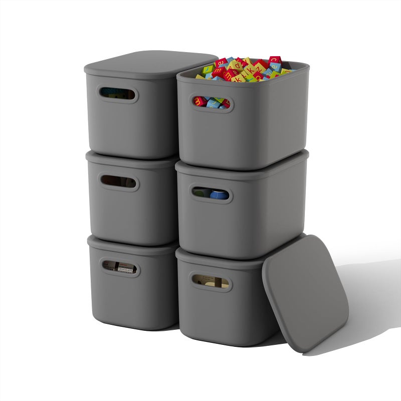 ORGIDOL 6 Pack Grey Storage Bins with Lids Stackable Storage Container for Organizing, Storage Boxes with Handle for Shelves, Cute Organizer Bins for Craft, Snacks, 9.85x6.9x5.7 inch - Image 1