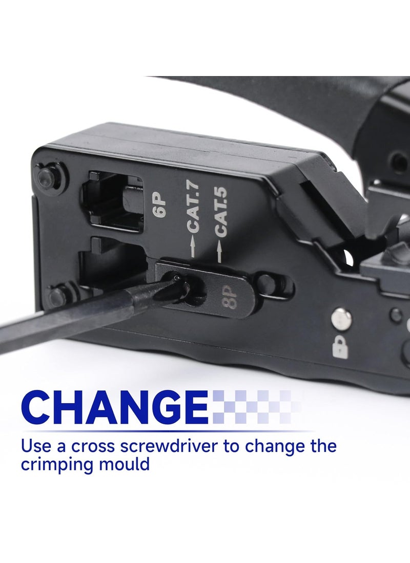 Network Crimper Network Cable Stripper Cutter RJ45 Crimping Tool Ethernet Wire Cutter Crimper Crimping pliers for RJ11 RJ12 RJ45 6P6C4C8P8C Cat7 Cat6A Cat6 Cat5E Cat5 Modular Plugs Connectors