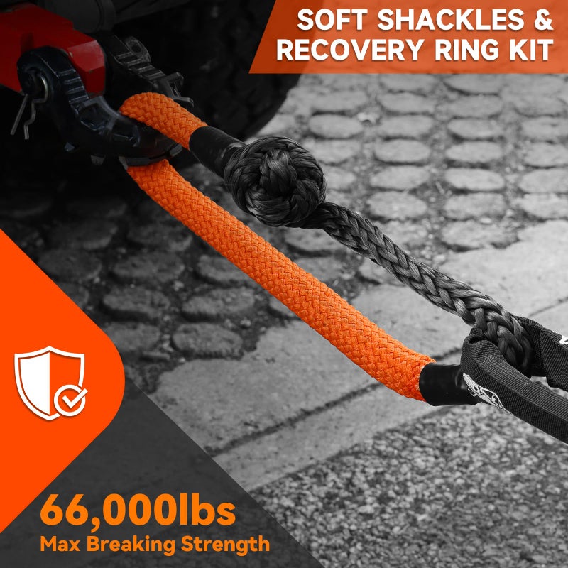 BCJCLTS Large Synthetic Soft Shackle 1 Inch x 36 Inch Rope Shackle Recovery Kit (66000 lbs Breaking Strength) Heavy Duty Tow Shackles for Off-Road, Sailing, Jeep, SUV (Orange Shackles) - Image 2