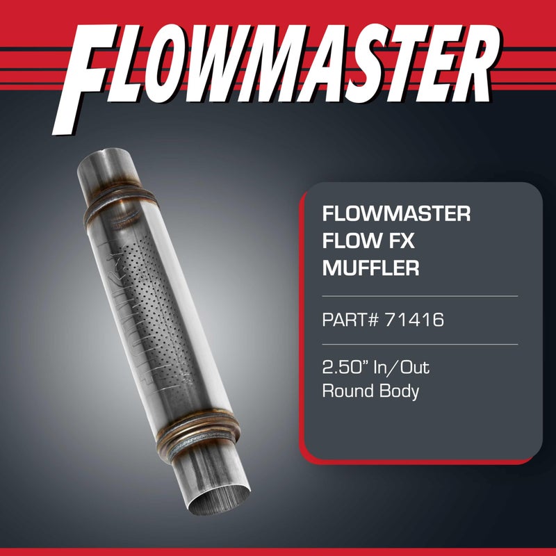 Flowmaster Flow FX Chambered Muffler â€“ 2.50â€ Center In / 2.50â€ Center Out â€“ Round Body â€“ Moderate Sound â€“ Stainless Steel â€“Affordable Performance for Modern Trucks, Muscle Cars & Daily Drivers - 71416 - Image 2