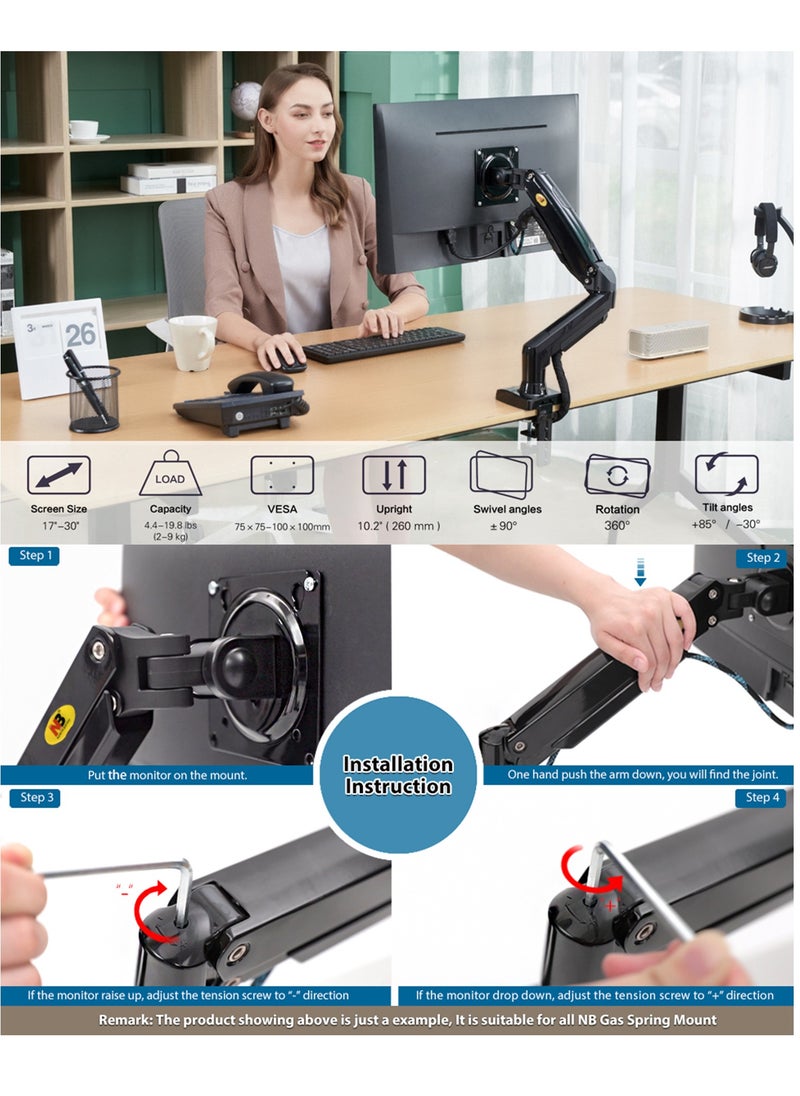 Full Motion Swivel Monitor Arm with Gas Spring for 17-30''Monitors(Within 4.4lbs to 19.8lbs),Monitor Desk Mount Computer Monitor Stand F80