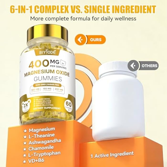 BIYODE Magnesium Gummies Supplement with Magnesium Oxide L-Theanine Ashwagandha Vitamin D3 & B6 Supports Relaxation Mood Balance Sleep Wellness & Stress Management Sugar-Free Orange Flavor 60 Count - Image 4
