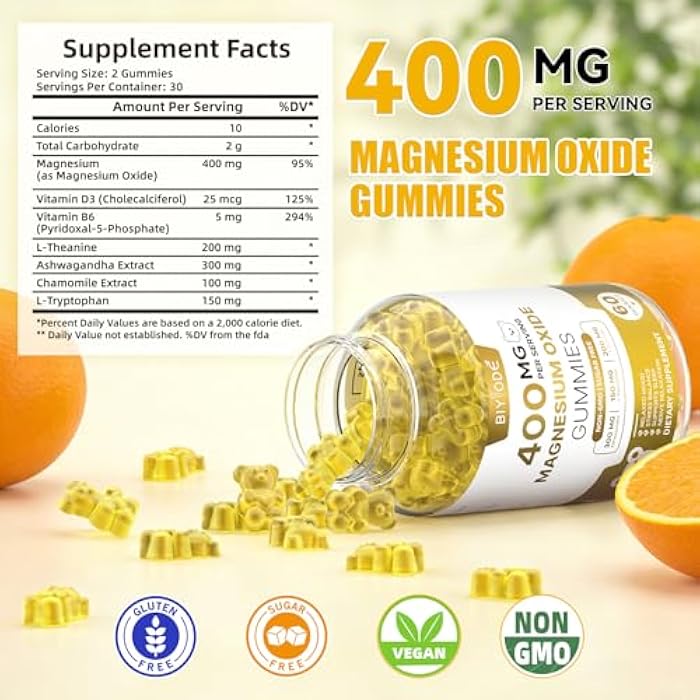 BIYODE Magnesium Gummies Supplement with Magnesium Oxide L-Theanine Ashwagandha Vitamin D3 & B6 Supports Relaxation Mood Balance Sleep Wellness & Stress Management Sugar-Free Orange Flavor 60 Count - Image 2