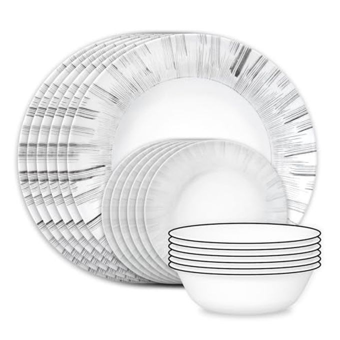 Corelle Vitrelle 18-Piece Service for 6 Dinnerware Set, Triple Layer Glass and Chip Resistant, Lightweight Round Plates and Bowls Set, Arica - Image 1