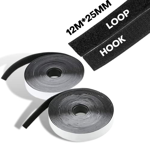 Royalkart Self Adhesive Hook and Loop Tape Roll Strips ; Adhesive Back Mounting Tape for Picture and Tools Hanging Pedal Board Fastening (12m Hook + 12m Loop)(Black) - Image 1