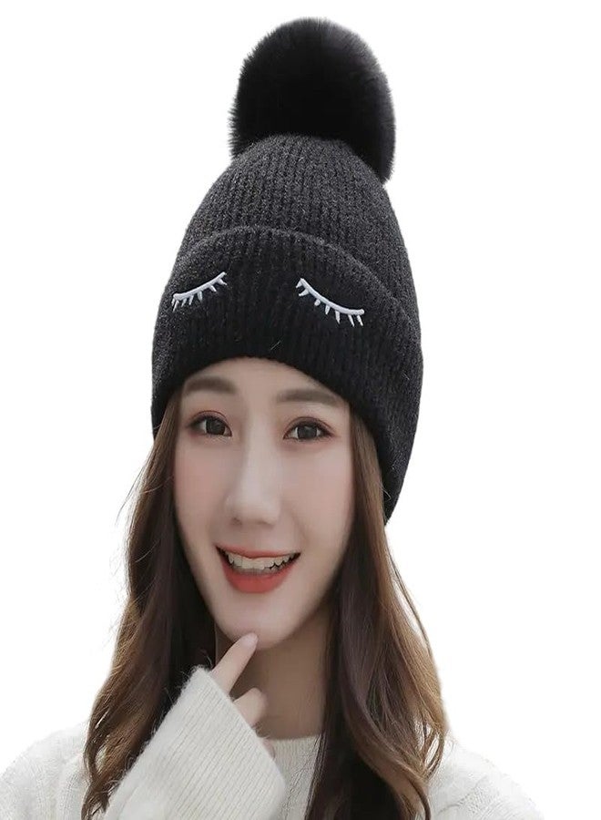 Richmen Women Winter Warm Hat Soft Faux Fur Windproof Trapper Hat for Girls Fashion Plush Pom Pom Snow Proof Woolen Beanie Cap (C Black) - Image 1