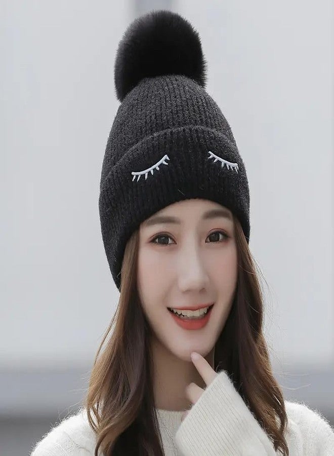 Richmen Women Winter Warm Hat Soft Faux Fur Windproof Trapper Hat for Girls Fashion Plush Pom Pom Snow Proof Woolen Beanie Cap (C Black) - Image 4