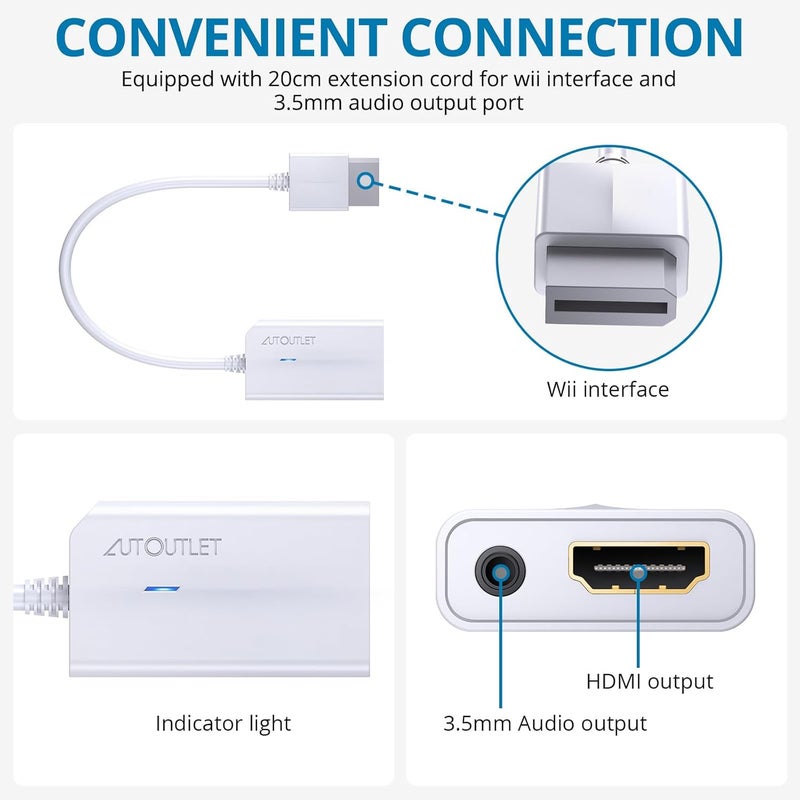 AUTOUTLET محول Wii إلى HDMI 1080P لجهاز Full HD، محول HDMI لوحدة Wii مع مقبس صوت 3.5 مم ومخرج HDMI متوافق مع نينتندو وي، وي يو، HDTV، شاشة - يدعم جميع أوضاع عرض Wii 720P - Image 2