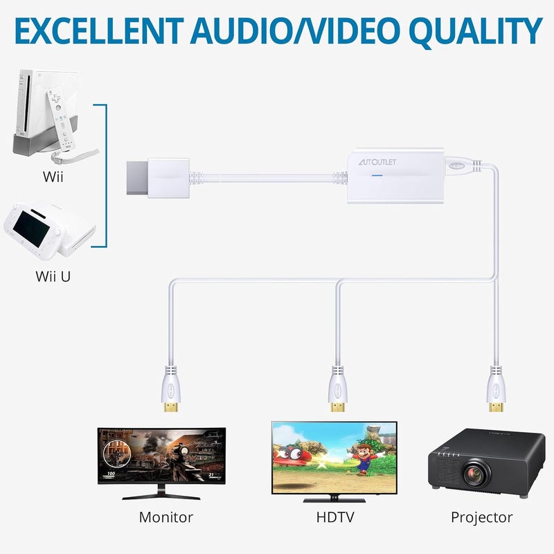 AUTOUTLET محول Wii إلى HDMI 1080P لجهاز Full HD، محول HDMI لوحدة Wii مع مقبس صوت 3.5 مم ومخرج HDMI متوافق مع نينتندو وي، وي يو، HDTV، شاشة - يدعم جميع أوضاع عرض Wii 720P - Image 3