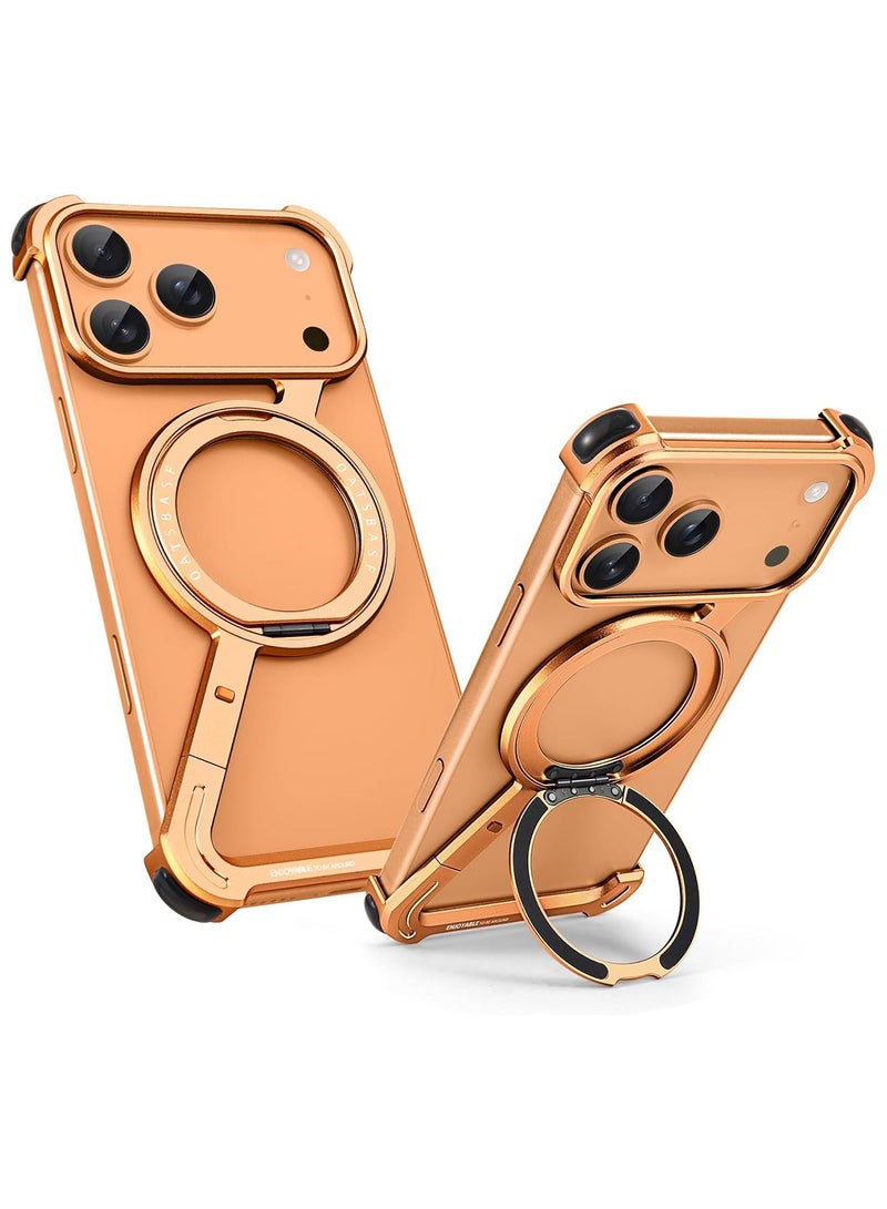 جراب معدني بتصميم Z بدون إطار لهاتف iPhone 17 Pro Max، مع مسند دوار 360 درجة، وغطاء من الألومنيوم، وغطاء واقٍ مقاوم للصدمات (برتقالي) - Image 1