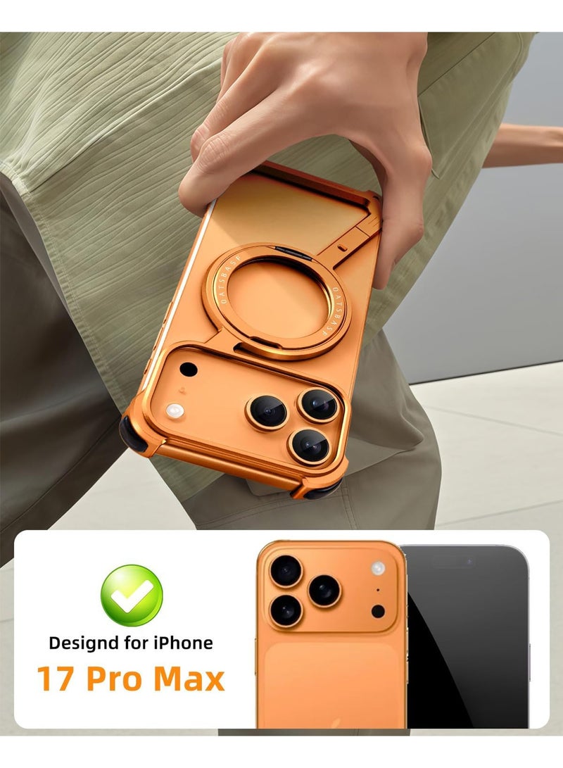 جراب معدني بتصميم Z بدون إطار لهاتف iPhone 17 Pro Max، مع مسند دوار 360 درجة، وغطاء من الألومنيوم، وغطاء واقٍ مقاوم للصدمات (برتقالي) - Image 2