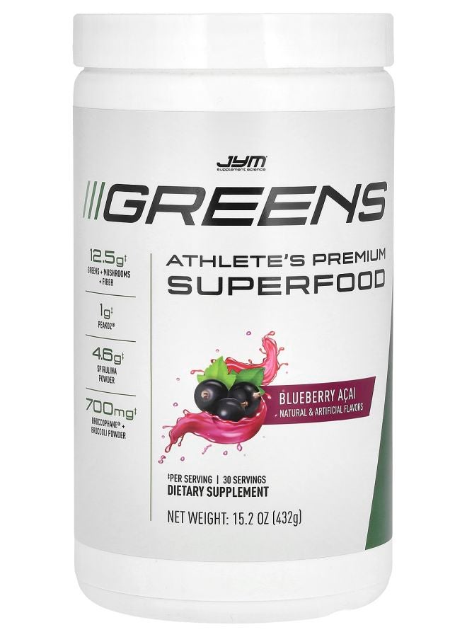 JYM Supplement Science Greens Athlete's Premium Superfood Blueberry Acai 15.2 oz (432 g) - Image 1