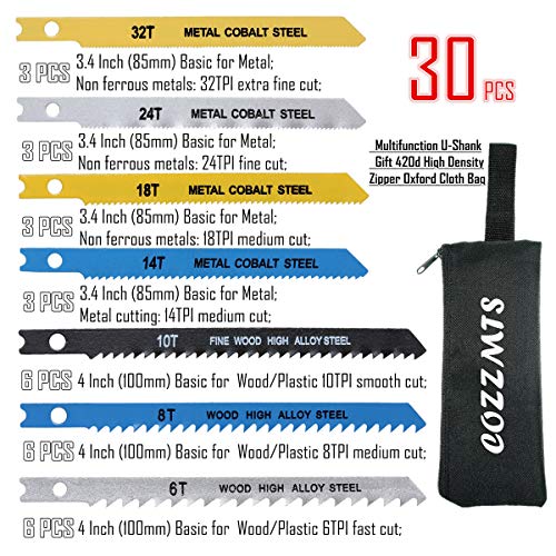 Cozzmts 30PCS U-Shank Jig Saw Blade Set for Wood Plastic Metal Cutting Compatible with Bosch DEWALT SKIL Black and Decker Jigsaw Blades U Shank Includes 6T 8T 10T 14T 18T 24T 32T with 420D Zipper Bag - Image 2