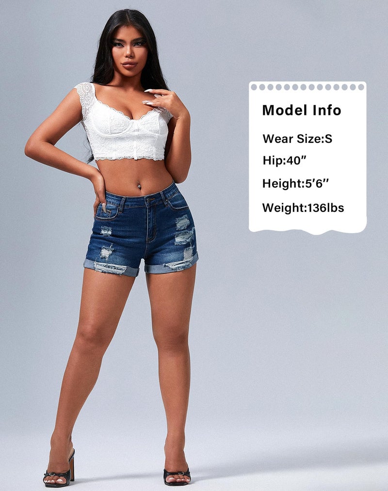 roswear Women's Summer Mid Rise Ripped Denim Shorts Stretchy Butt Lifting Jean Shorts Blue Large - Image 3