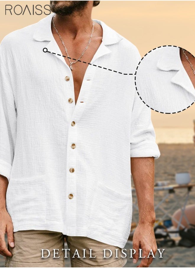 roaiss - Mens Button Up Shirts Long Sleeve Linen Beach Casual Cotton Summer Lightweight Tops - Image 1
