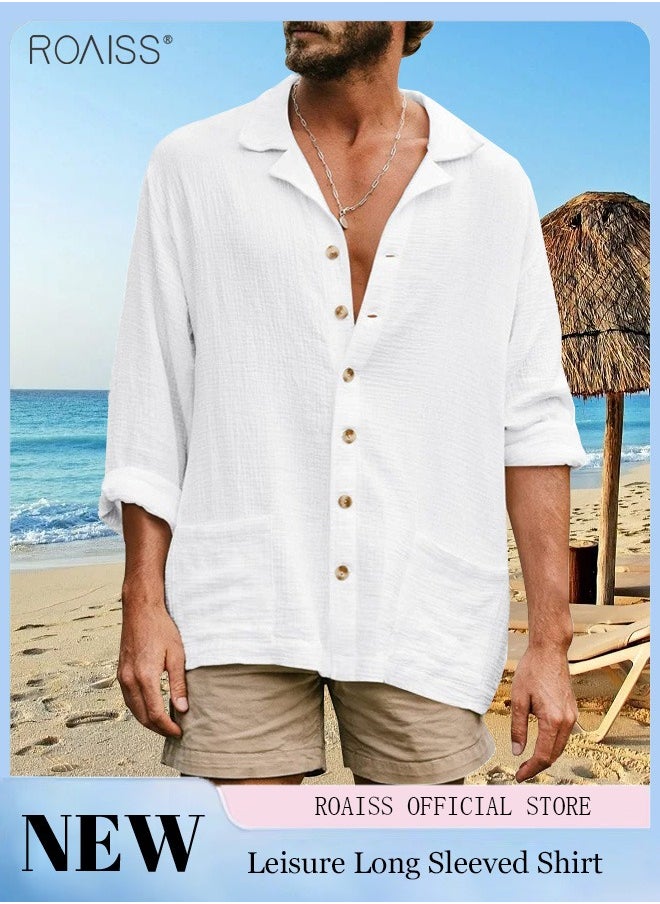 roaiss - Mens Button Up Shirts Long Sleeve Linen Beach Casual Cotton Summer Lightweight Tops - Image 1