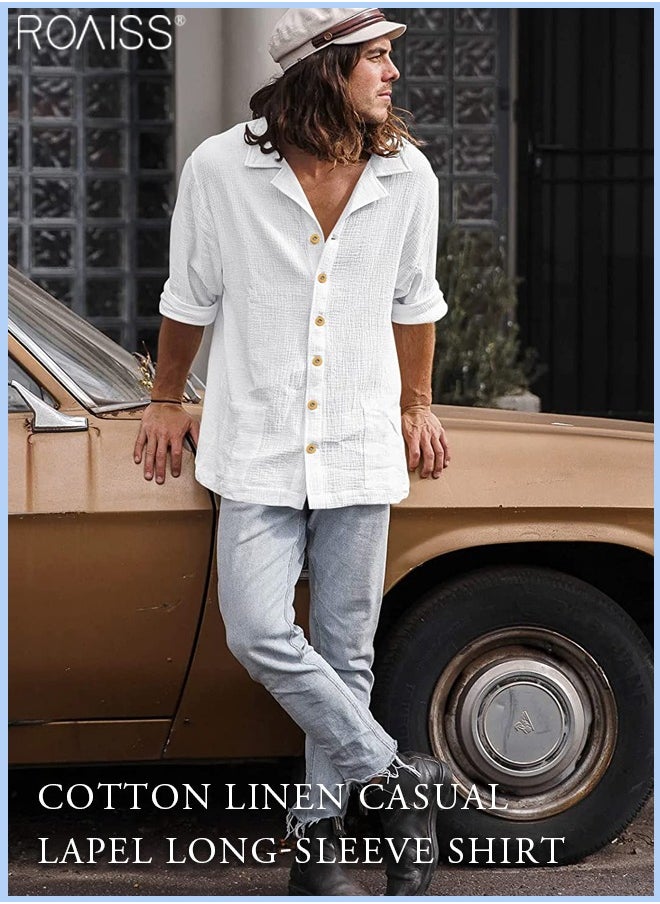 roaiss - Mens Button Up Shirts Long Sleeve Linen Beach Casual Cotton Summer Lightweight Tops - Image 1
