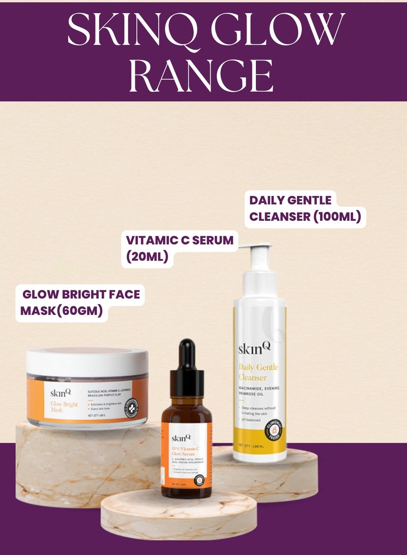 Glow Range- SKINQ Vitamin C Serum (20ml)+ Niacinamide & Vitamin C Glow Bright Face Mask(60GM)+ Daily Gentle Cleanser (100ml)