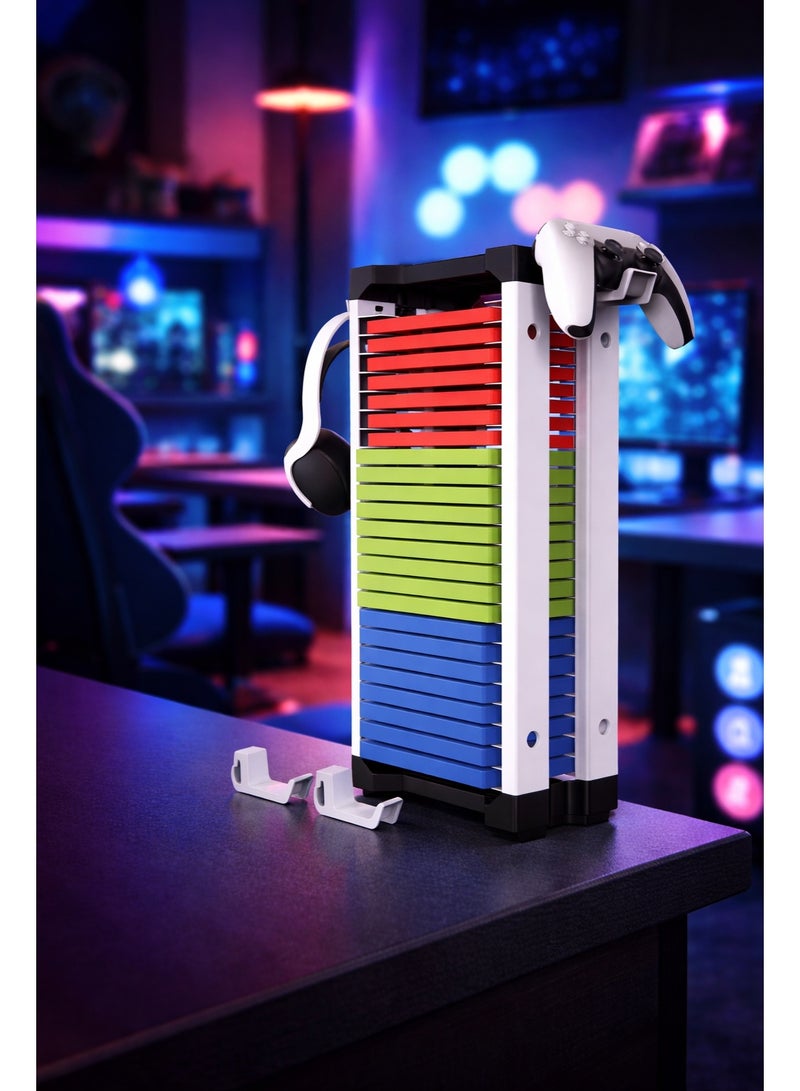 أيه أس أيه حامل تخزين ألعاب الفيديو العالمي من ASA – برج معياري قابل للتوسعة لأجهزة PS5 وPS4 وXbox Series X/S وXbox One وNintendo Switch – يسع أكثر من 24 قرص ألعاب مع خطافات لوحدات التحكم وسماعات الرأس - Image 1