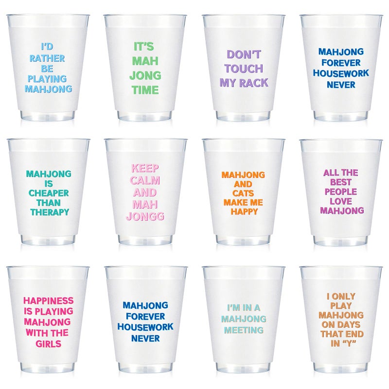 LemonRoad 12 Pcs 16 oz Mahjong Cups Frosted with Multicolor Funny Phrases Mah Jong Party Supplies Reusable Plastic Mah Jong Cups Gifts for Mahjong Game Night Christmas Birthday Celebration Accessories - Image 1