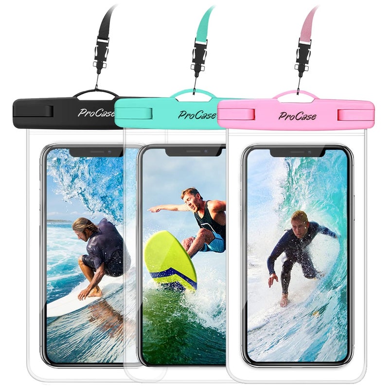 Procase Universal Waterproof Pouch Cellphone Dry Bag Underwater Case for iPhone 11 Pro Max/Xs Max/XR/X 8 7 6S Plus, Galaxy Note10+ S10 Plus S9 S8+, Pixel 4 3 2 XL up to 6.8" -3 Pack, Teal/Pink/Black - Image 1