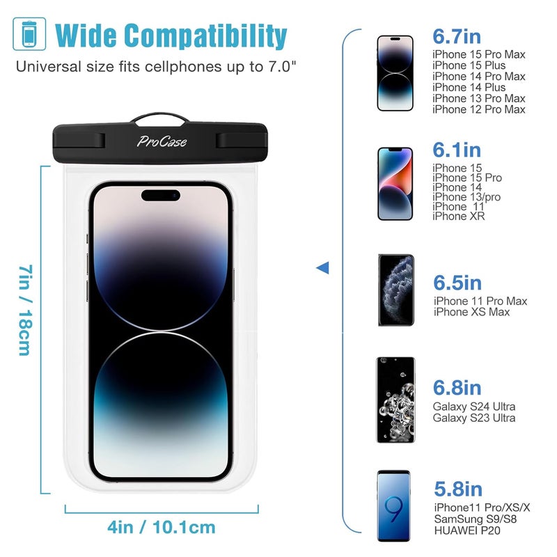 Procase Universal Waterproof Pouch Cellphone Dry Bag Underwater Case for iPhone 11 Pro Max/Xs Max/XR/X 8 7 6S Plus, Galaxy Note10+ S10 Plus S9 S8+, Pixel 4 3 2 XL up to 6.8" -3 Pack, Teal/Pink/Black - Image 2